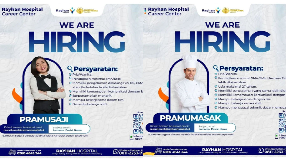 Rayhan Hospital Subang Buka Lowongan Kerja untuk Pramusaji dan Pramumasak, Simak Persyaratannya!