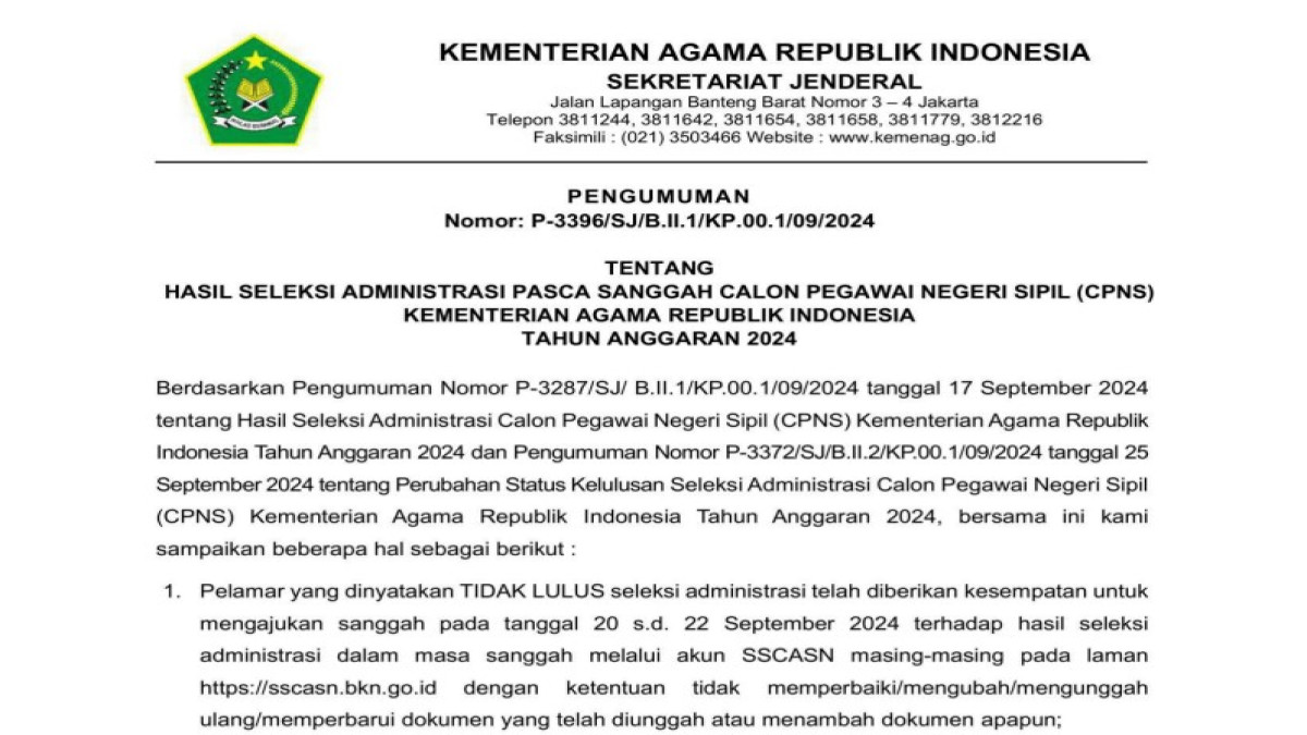 Link Pengumuman Hasil Seleksi Administrasi Pasca Sanggah CPNS 2024 Kemenag