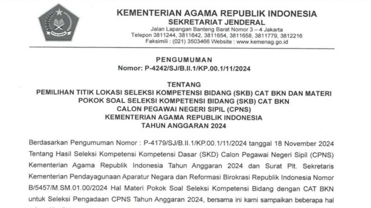 Kisi-Kisi SKB CPNS 2024 Kemenag Telah Dirilis, Cek Disini Pengumumannya!