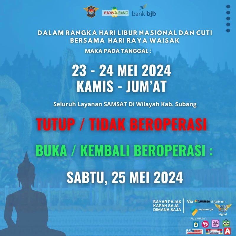Layanan Samsat Subang Tutup Saat Libur Waisak dan Cuti Bersama, Beroperasi Kembali Hari Sabtu