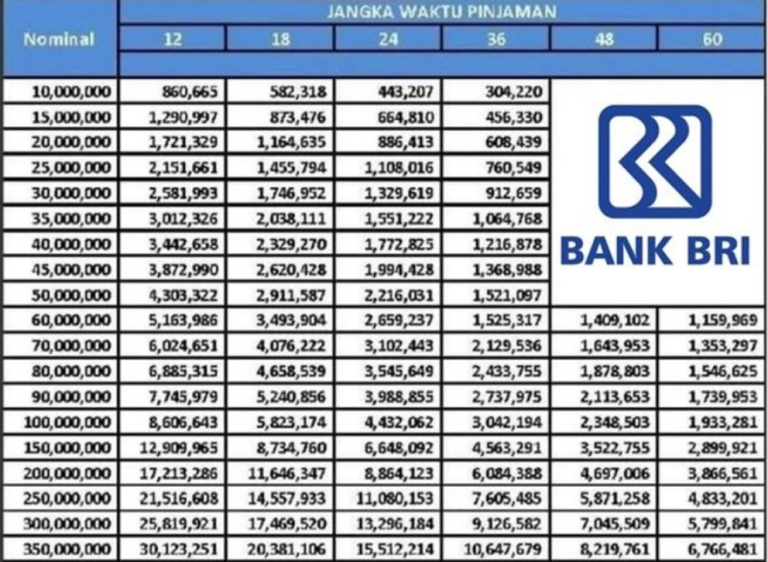 Tabel Angsuran Bank BRI Non KUR Terbaru 2024