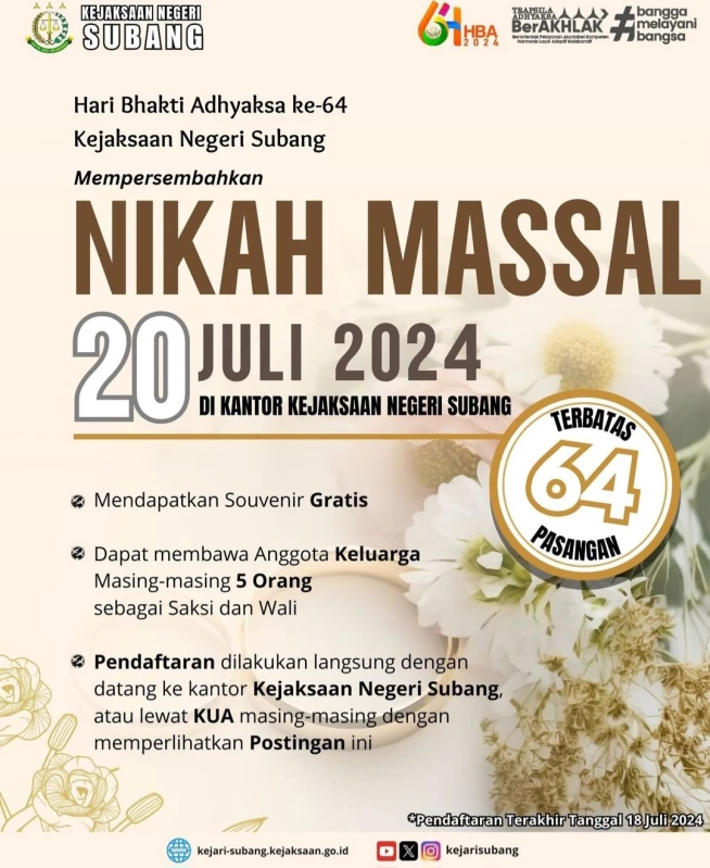 Kejaksaan Negeri Subang Gelar Nikah Massal untuk Peringati Hari Bakti Adhyaksa ke-64 (Sumber Foto Instagram kejarisubang)