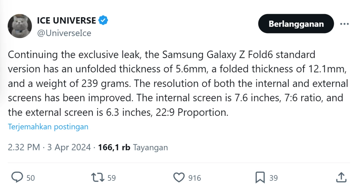 Bobot Samsung Galaxy Z Fold 6 akan Menyamai S24 Ultra, Berikut Bocorannya