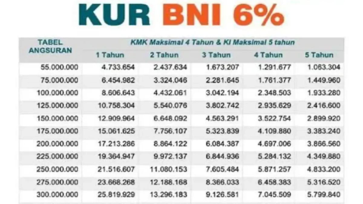 Ilustrasi tabel angsuran KUR BNI 2025 (Sumber: Facebook/ Kredit Usaha Rakyat)