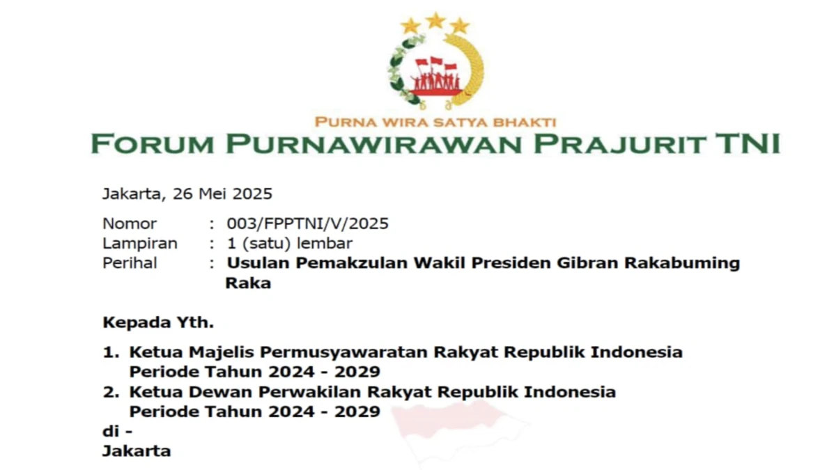 DPR Terima Surat Usulan Pemakzulan Wapres Gibran dari Purnawirawan TNI, Kini Menunggu Tindak Lanjut Pimpinan