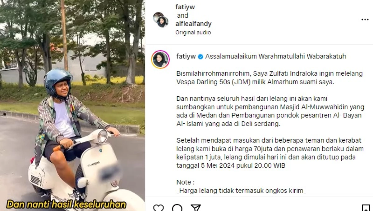 Istri Babe Cabita Lelang Vespa Darling Milik Mendiang, Hasil Disumbangkan untuk Pembangunan Masjid dan Pesantren