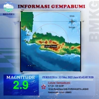 Gempa bumi tektonik dengan magnitudo (M) 2,9 mengguncang wilayah Purwakarta pada Selasa (13/5/2025) dini hari, pukul 03.42 WIB.